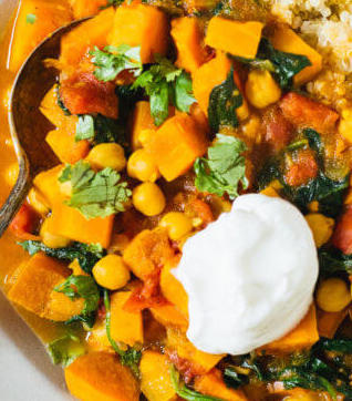Butternut Squash, Potato, Chickpea and Tomato Stew with Savory Lemon Yogurt Sauce (GF/V/VG/Freezable)