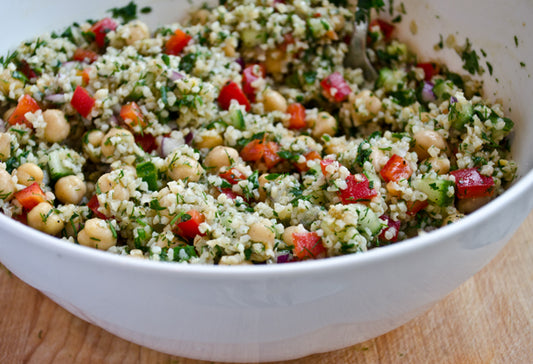 Bulgur Salad with Cucumbers, Red Peppers, Chick Peas, Lemon and Dill, Feta on side (V/VG)